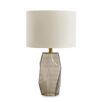 24 Inch Table Lamp, Hexagonal Textured Glass Base, Drum Shade, Gray