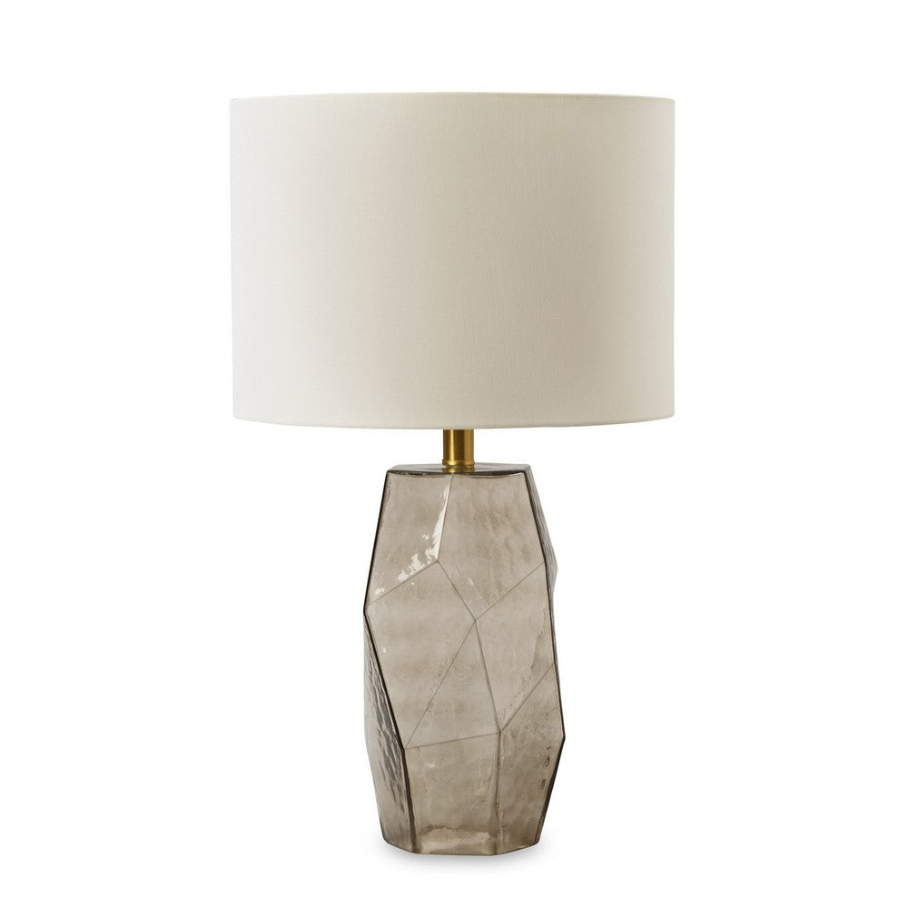 24 Inch Table Lamp, Hexagonal Textured Glass Base, Drum Shade, Gray