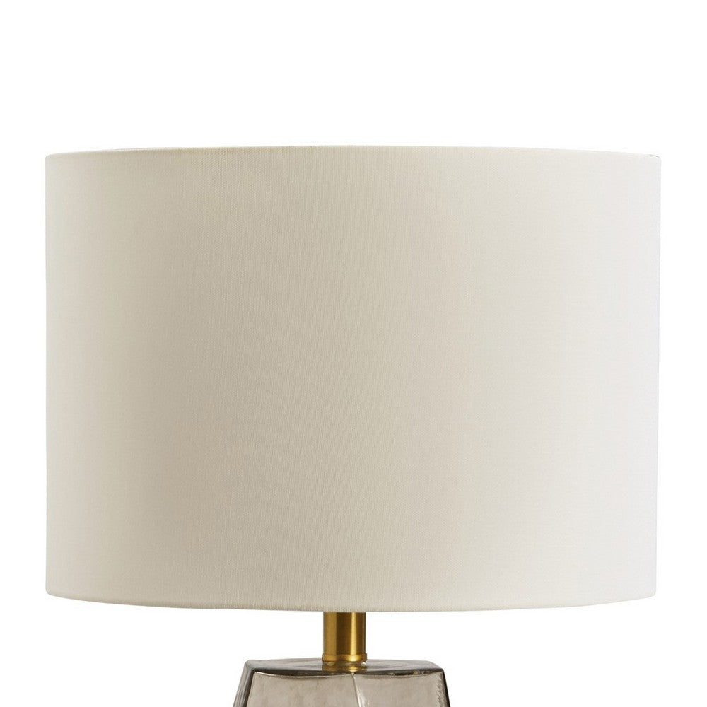 24 Inch Table Lamp, Hexagonal Textured Glass Base, Drum Shade, Gray