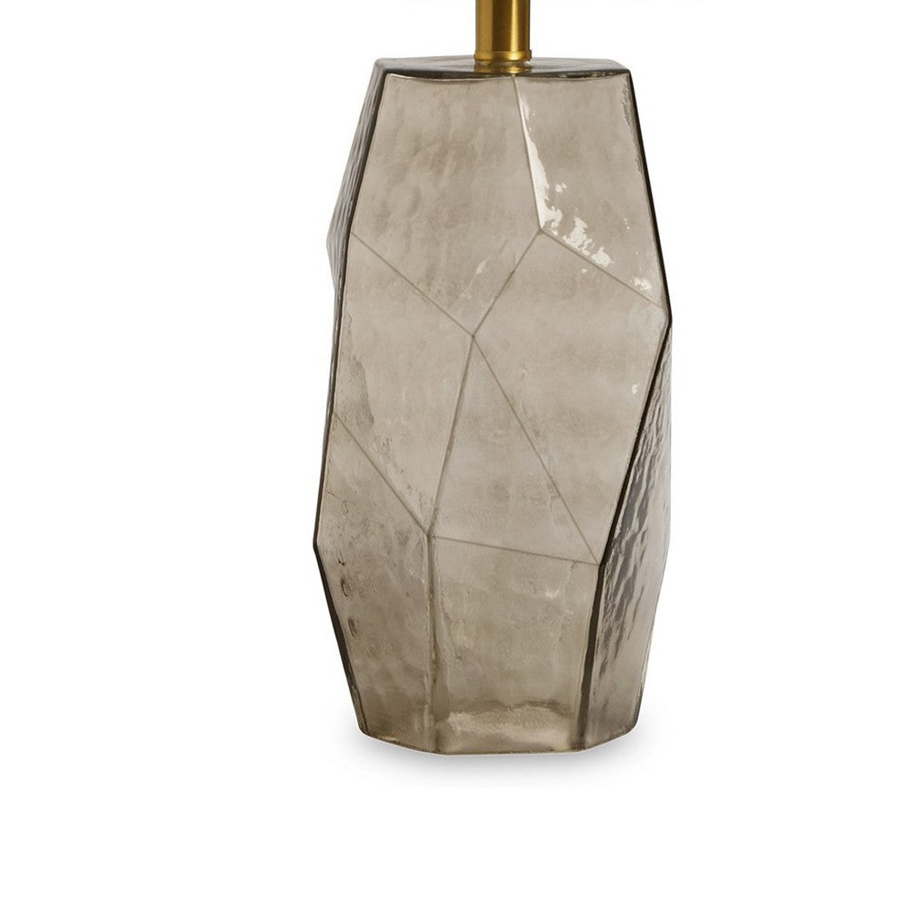 24 Inch Table Lamp, Hexagonal Textured Glass Base, Drum Shade, Gray
