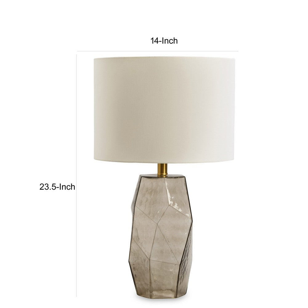 24 Inch Table Lamp, Hexagonal Textured Glass Base, Drum Shade, Gray