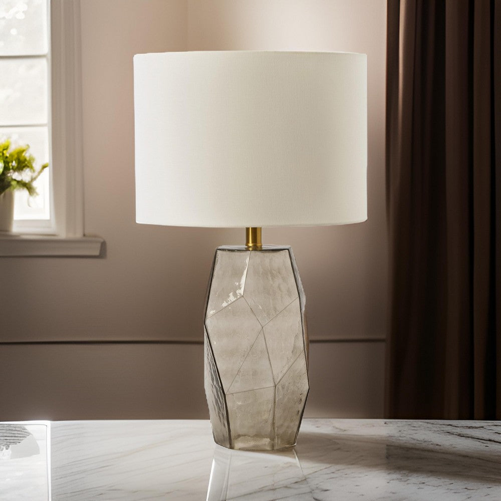 24 Inch Table Lamp, Hexagonal Textured Glass Base, Drum Shade, Gray