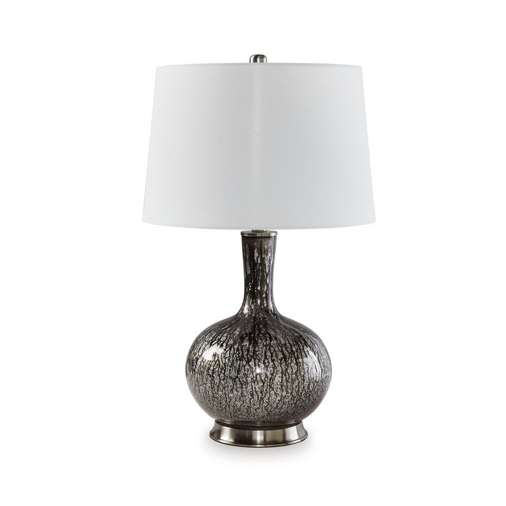26 Inch Table Lamp, Tall Black Round Glass Base, White Drum Fabric Shade