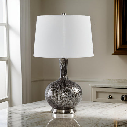 26 Inch Table Lamp, Tall Black Round Glass Base, White Drum Fabric Shade