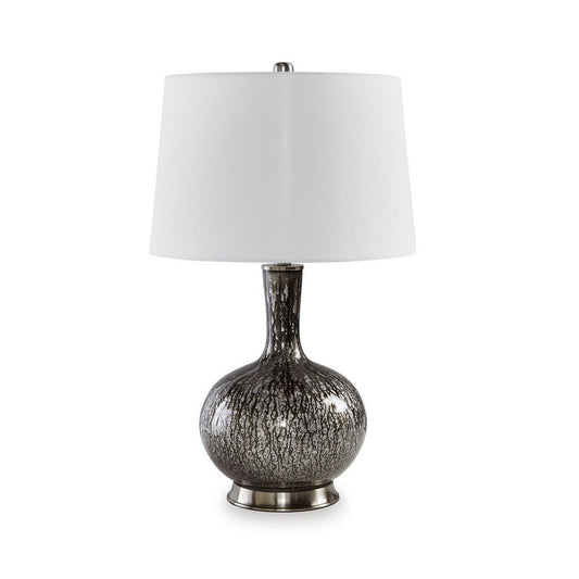 26 Inch Table Lamp, Tall Black Round Glass Base, White Drum Fabric Shade