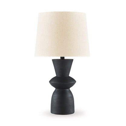 25 Inch Table Lamp Set of 2, Black Sculptural Solid Base, Drum Hardback