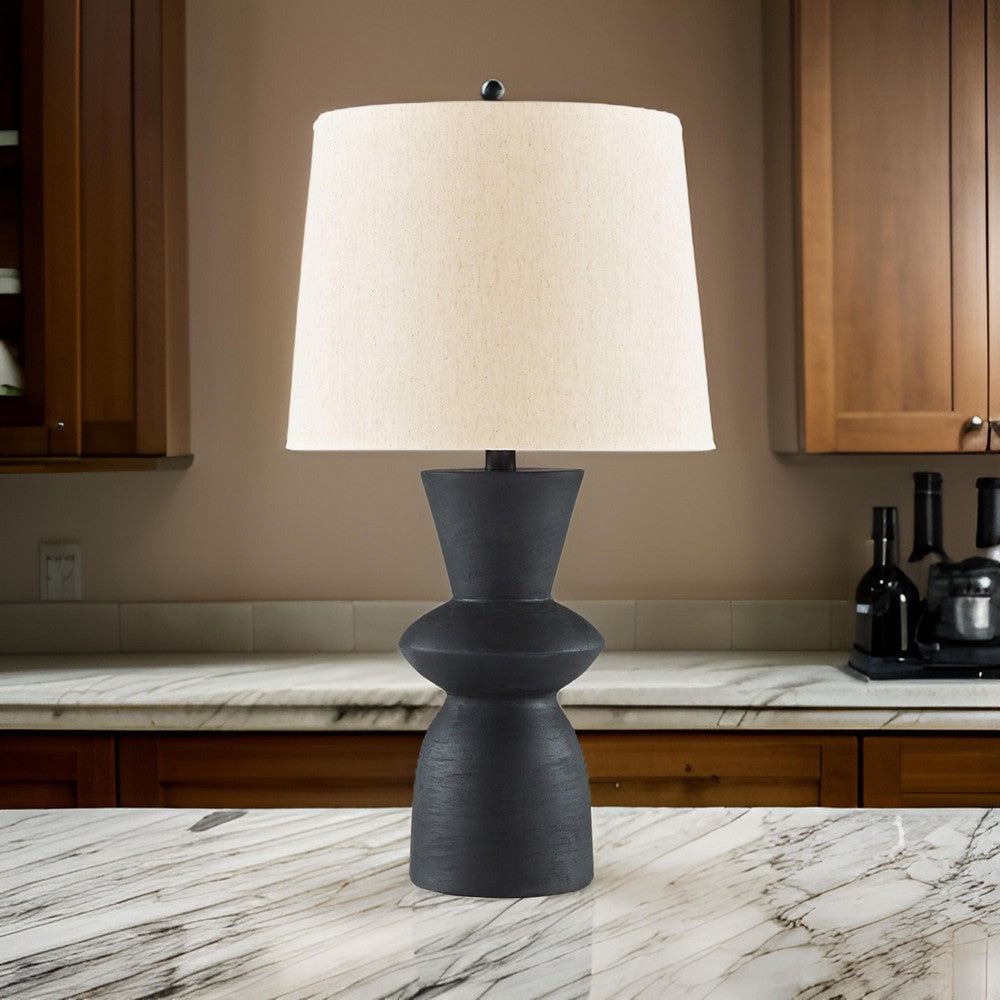 25 Inch Table Lamp Set of 2, Black Sculptural Solid Base, Drum Hardback