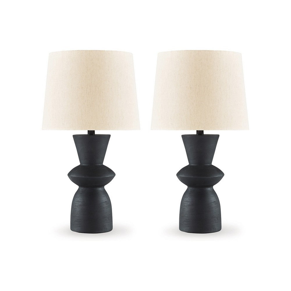 25 Inch Table Lamp Set of 2, Black Sculptural Solid Base, Drum Hardback