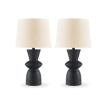 25 Inch Table Lamp Set of 2, Black Sculptural Solid Base, Drum Hardback
