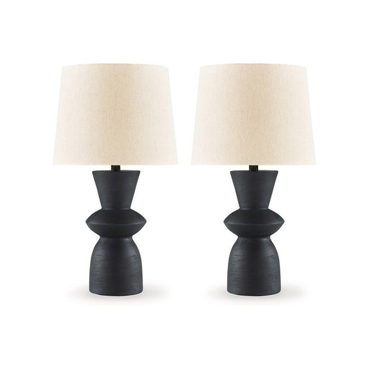 25 Inch Table Lamp Set of 2, Black Sculptural Solid Base, Drum Hardback