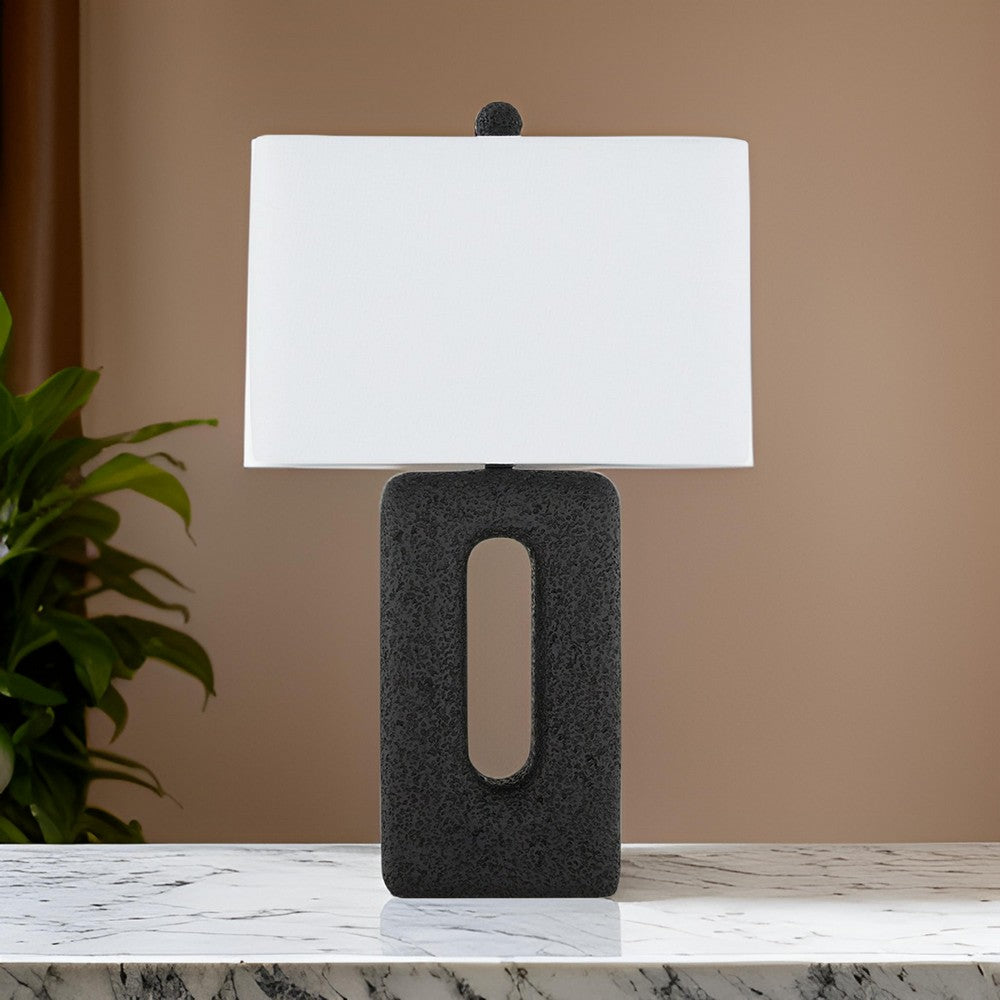 27 Inch Table Lamp Set of 2, Black Rectangular Cutout Base, Fabric Shade