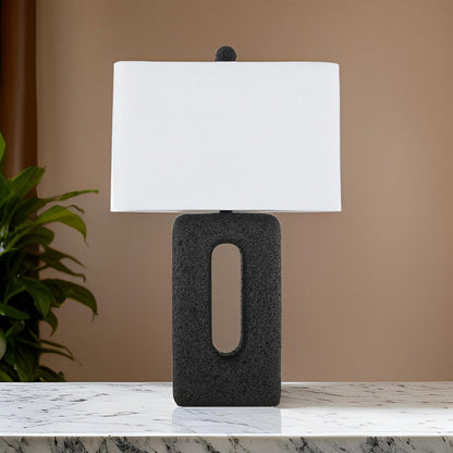 27 Inch Table Lamp Set of 2, Black Rectangular Cutout Base, Fabric Shade