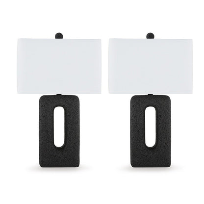 27 Inch Table Lamp Set of 2, Black Rectangular Cutout Base, Fabric Shade