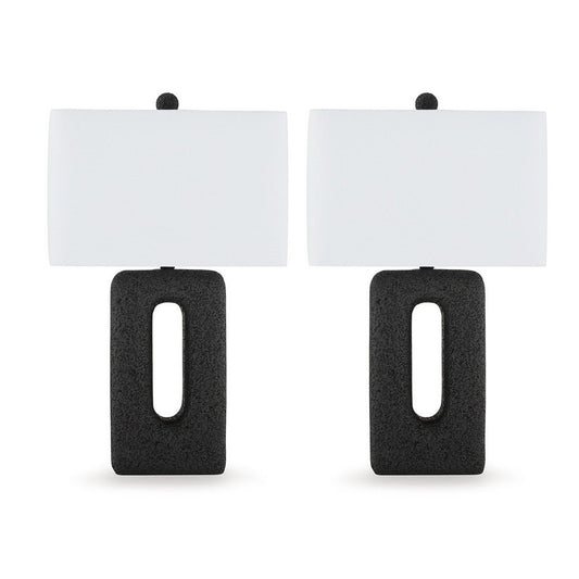 27 Inch Table Lamp Set of 2, Black Rectangular Cutout Base, Fabric Shade