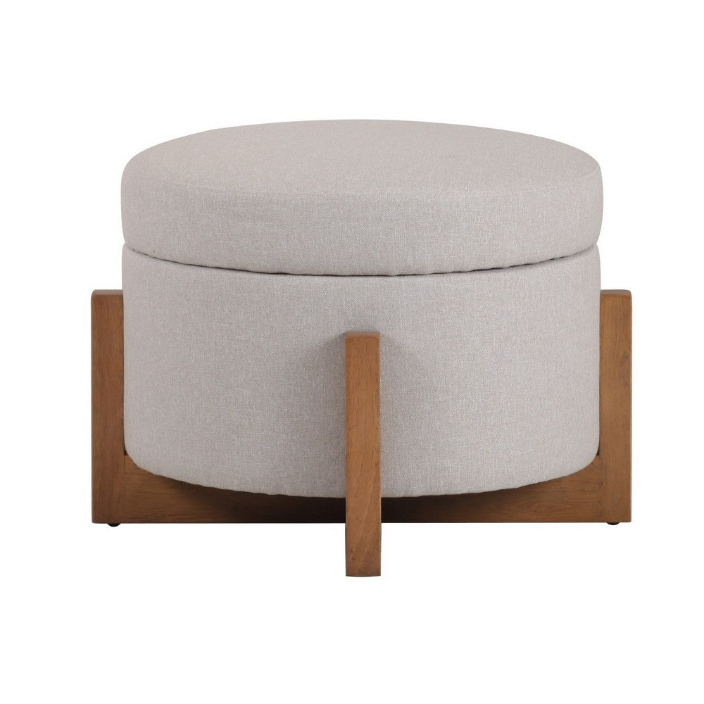 24 Inch Ottoman, Round Cushioned Storage Seat, Gray Polyester, Brown Wood