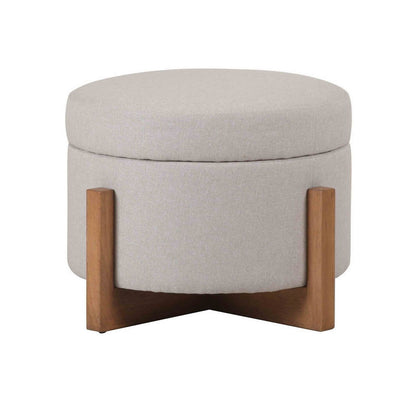 24 Inch Ottoman, Round Cushioned Storage Seat, Gray Polyester, Brown Wood