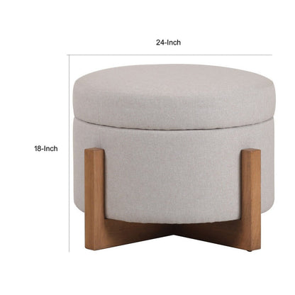 24 Inch Ottoman, Round Cushioned Storage Seat, Gray Polyester, Brown Wood