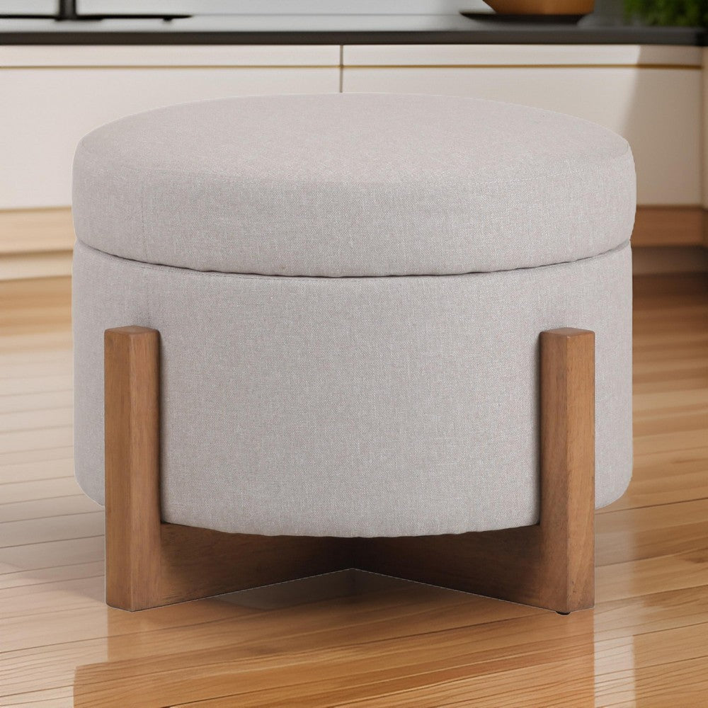 24 Inch Ottoman, Round Cushioned Storage Seat, Gray Polyester, Brown Wood