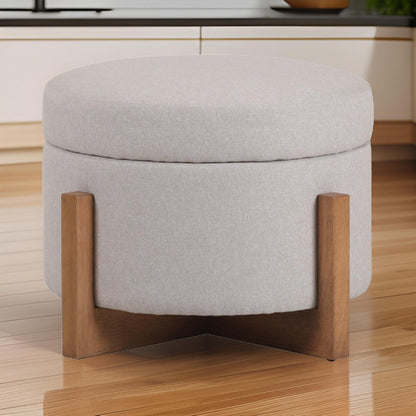 24 Inch Ottoman, Round Cushioned Storage Seat, Gray Polyester, Brown Wood