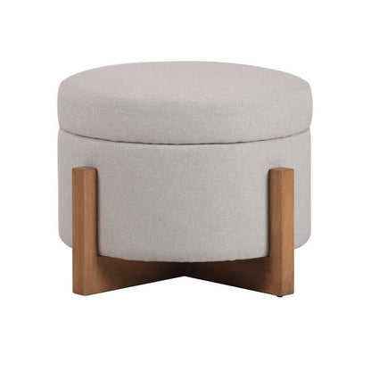 24 Inch Ottoman, Round Cushioned Storage Seat, Gray Polyester, Brown Wood