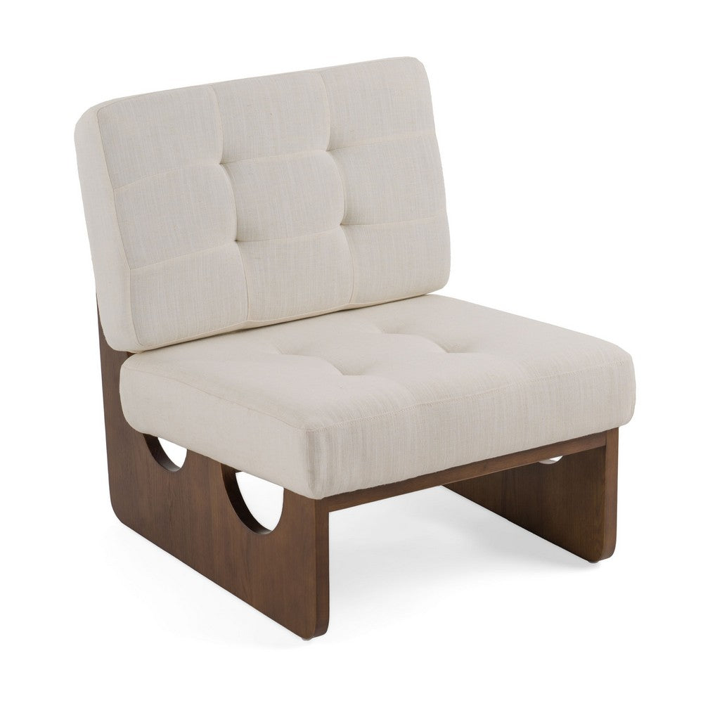 27 Inch Accent Chair, Cushioned Tufted Back, Open Panel Frame, Beige, Brown