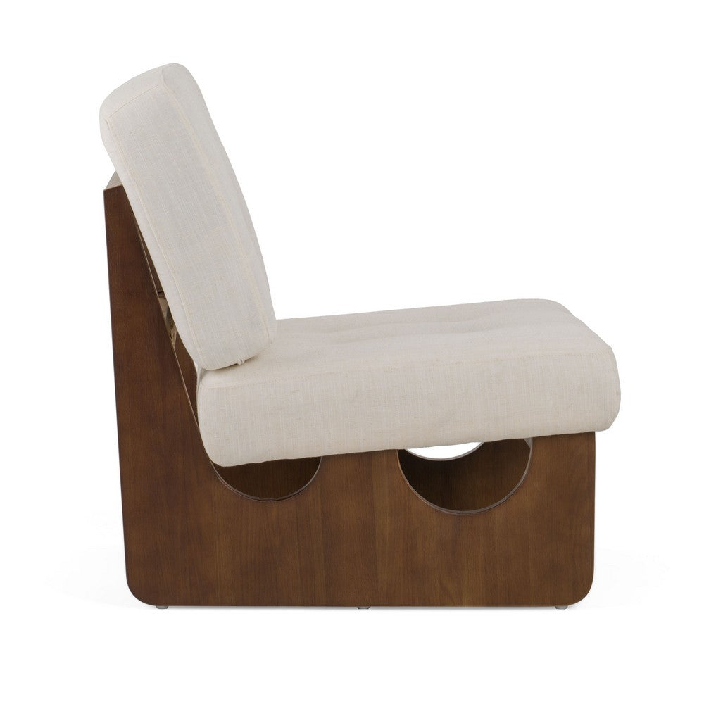 27 Inch Accent Chair, Cushioned Tufted Back, Open Panel Frame, Beige, Brown