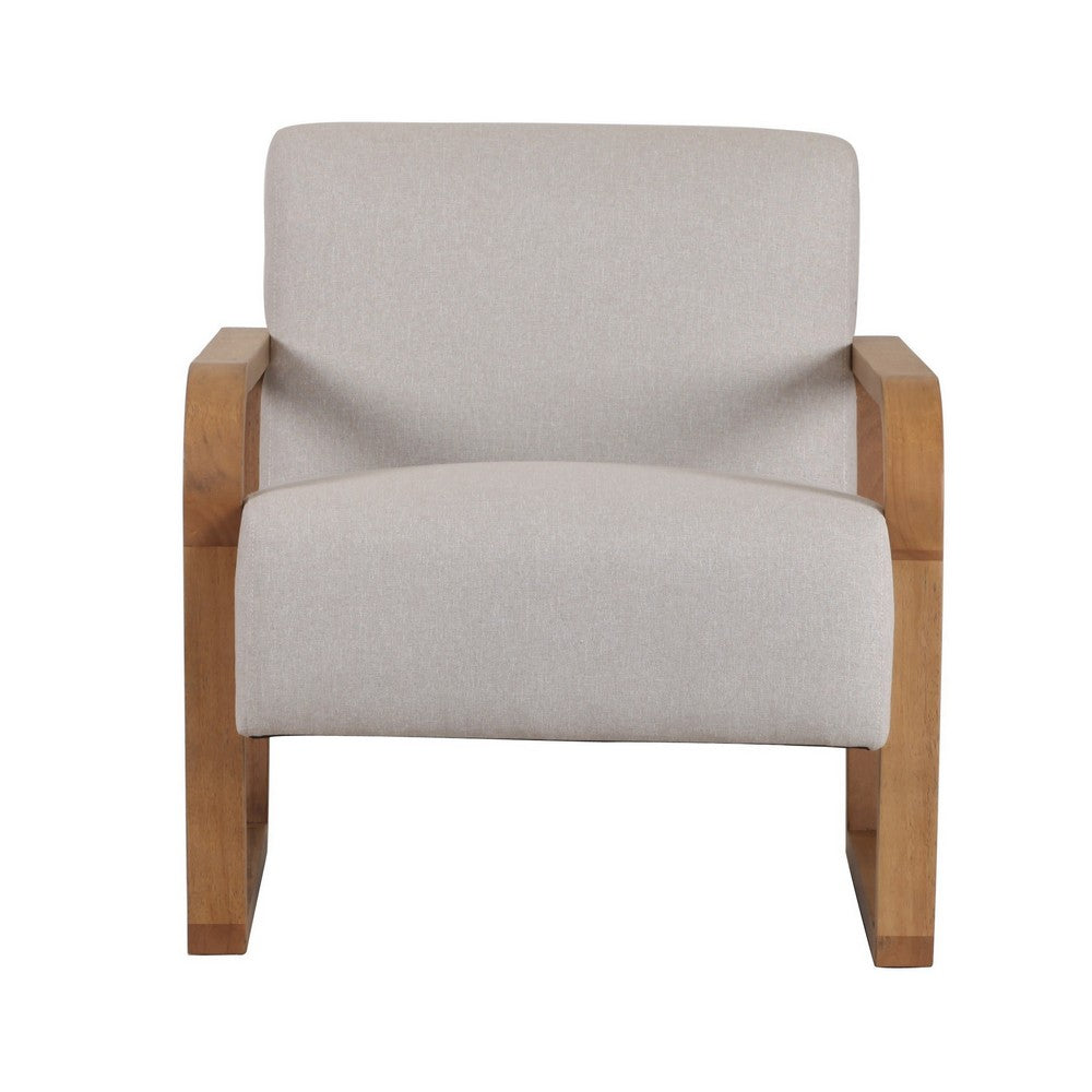 27 Inch Accent Chair, Cushioned Seat and Back, Beige Linen, Brown Wood