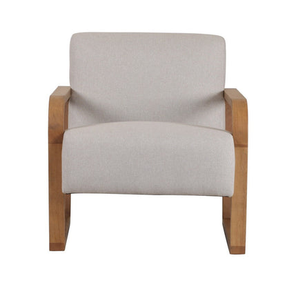 27 Inch Accent Chair, Cushioned Seat and Back, Beige Linen, Brown Wood