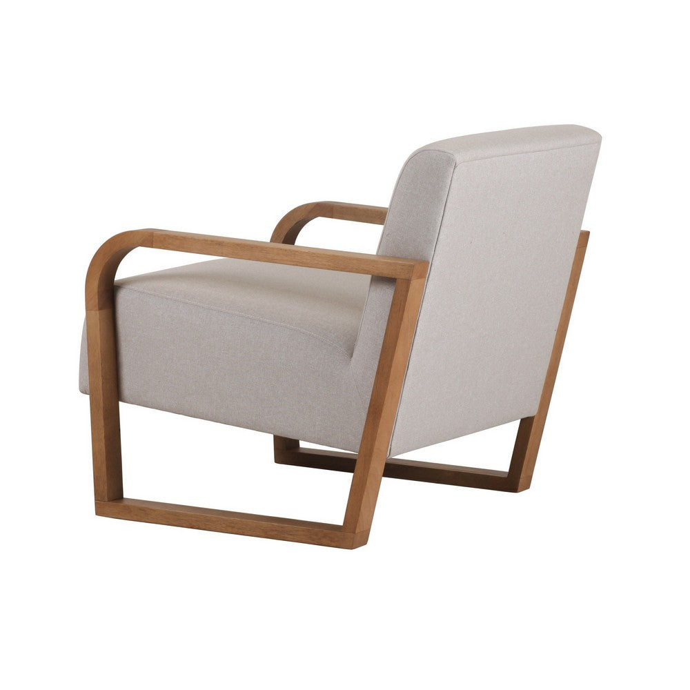 27 Inch Accent Chair, Cushioned Seat and Back, Beige Linen, Brown Wood