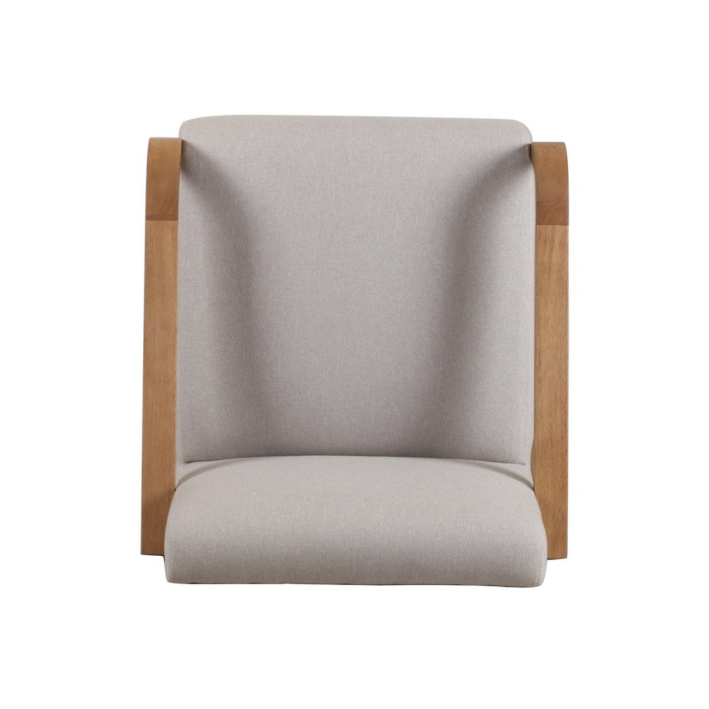 27 Inch Accent Chair, Cushioned Seat and Back, Beige Linen, Brown Wood