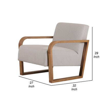 27 Inch Accent Chair, Cushioned Seat and Back, Beige Linen, Brown Wood