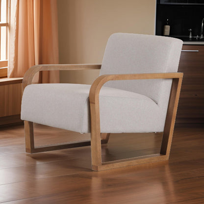27 Inch Accent Chair, Cushioned Seat and Back, Beige Linen, Brown Wood