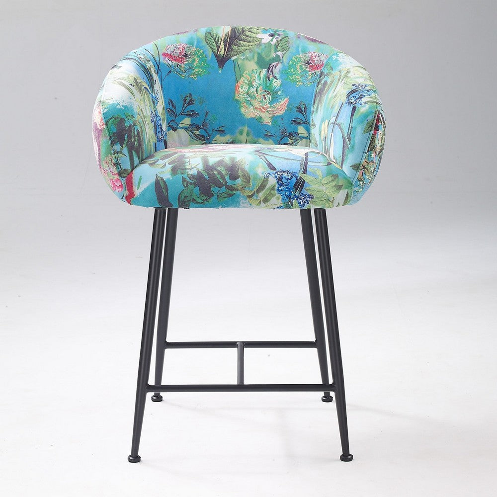 26 Inch Counter Stool Chair, Botanical Floral Print Blue Velvet, Black Legs