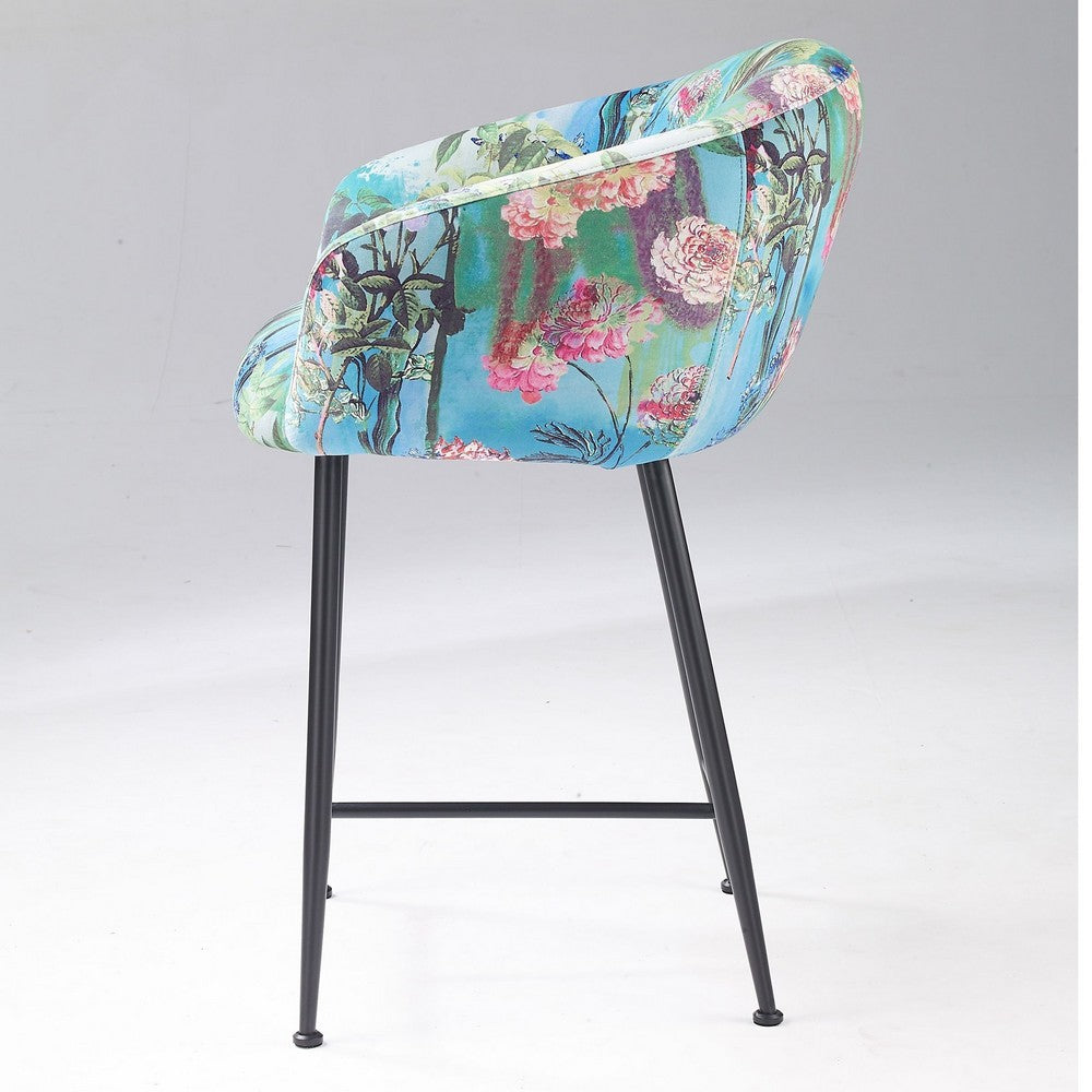 26 Inch Counter Stool Chair, Botanical Floral Print Blue Velvet, Black Legs