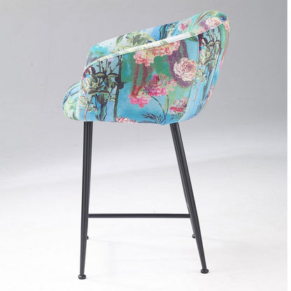 26 Inch Counter Stool Chair, Botanical Floral Print Blue Velvet, Black Legs
