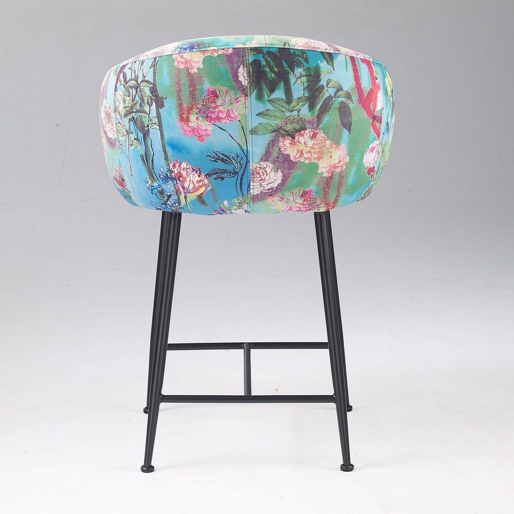 26 Inch Counter Stool Chair, Botanical Floral Print Blue Velvet, Black Legs