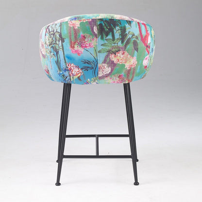 26 Inch Counter Stool Chair, Botanical Floral Print Blue Velvet, Black Legs