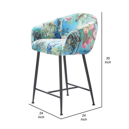 26 Inch Counter Stool Chair, Botanical Floral Print Blue Velvet, Black Legs