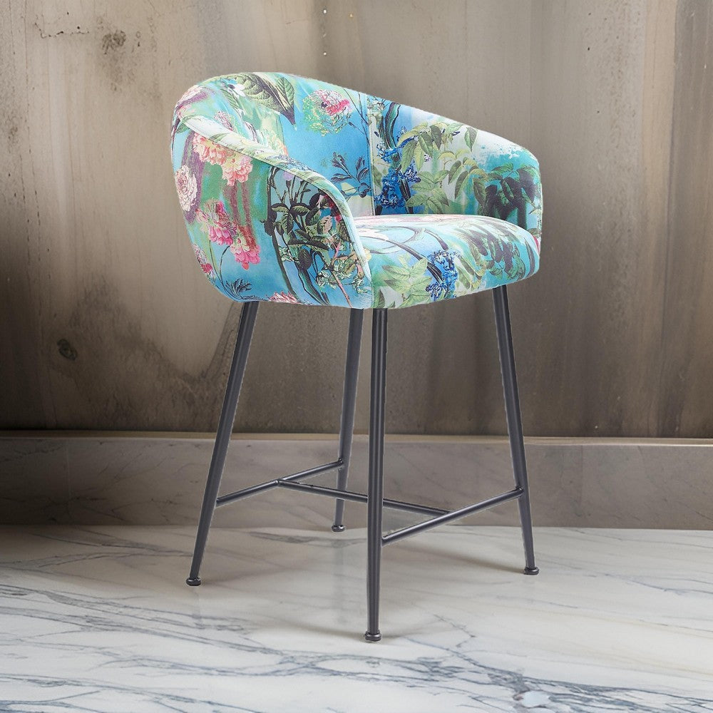 26 Inch Counter Stool Chair, Botanical Floral Print Blue Velvet, Black Legs