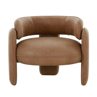 34 Inch Accent Chair, Barrel Low Profile Design, Brown Genuine Leather