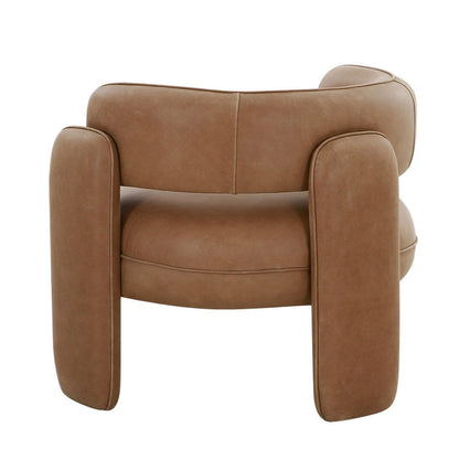 34 Inch Accent Chair, Barrel Low Profile Design, Brown Genuine Leather