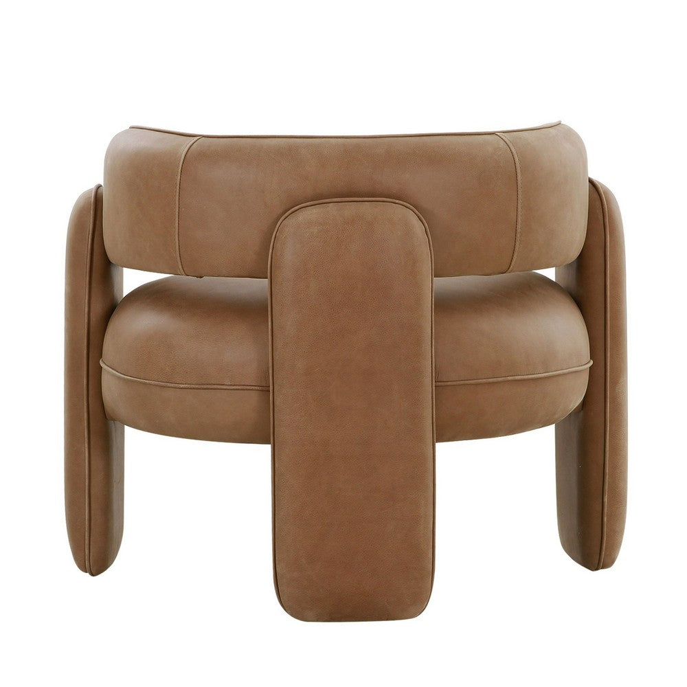 34 Inch Accent Chair, Barrel Low Profile Design, Brown Genuine Leather