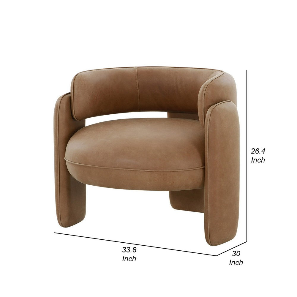 34 Inch Accent Chair, Barrel Low Profile Design, Brown Genuine Leather