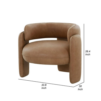 34 Inch Accent Chair, Barrel Low Profile Design, Brown Genuine Leather