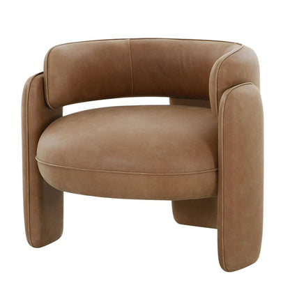 34 Inch Accent Chair, Barrel Low Profile Design, Brown Genuine Leather