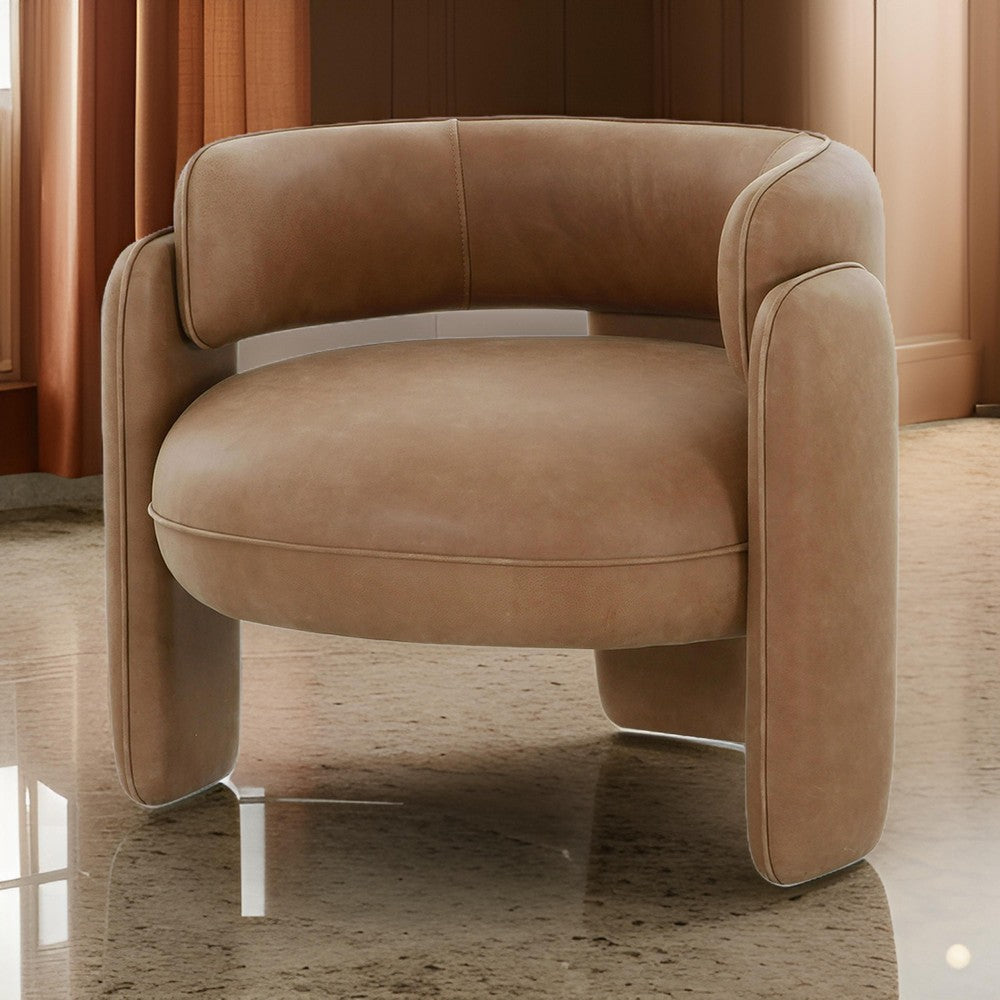 34 Inch Accent Chair, Barrel Low Profile Design, Brown Genuine Leather