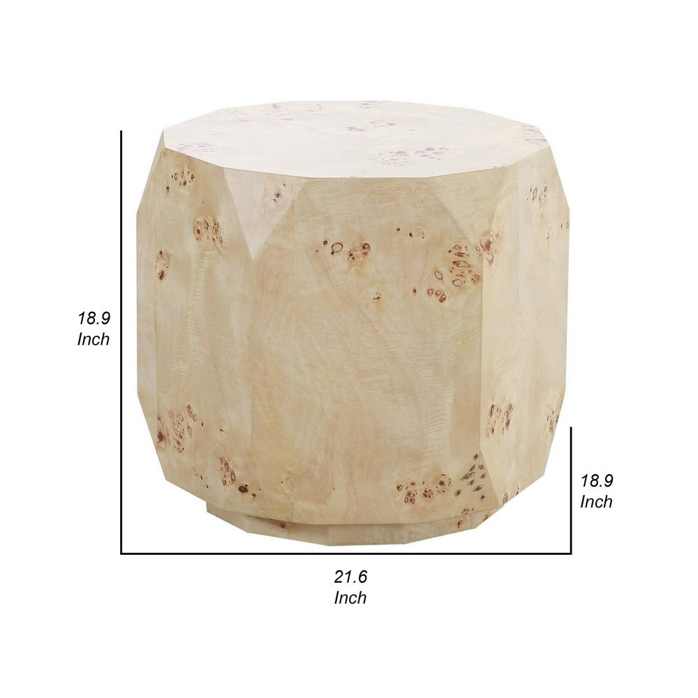 Cid Hy 22 Inch Side End Table, Burl Wood Veneer Drum, Natural Brown
