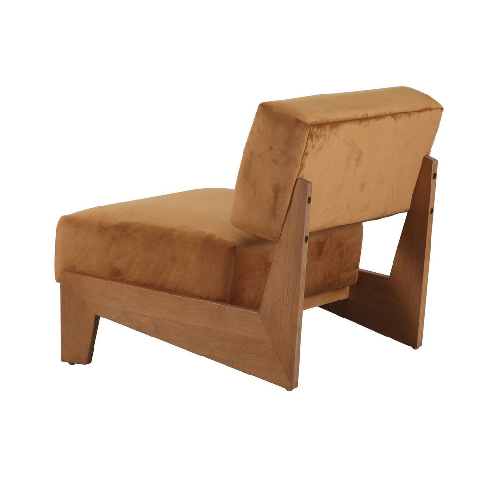 Cid Joy 30 Inch Accent Chair, Low Profile, Camel Brown Velvet, Wood Frame