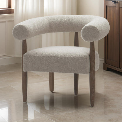 Cid Archie 32 Inch Accent Chair, Beige Fabric, Rounded Back, Solid Wood