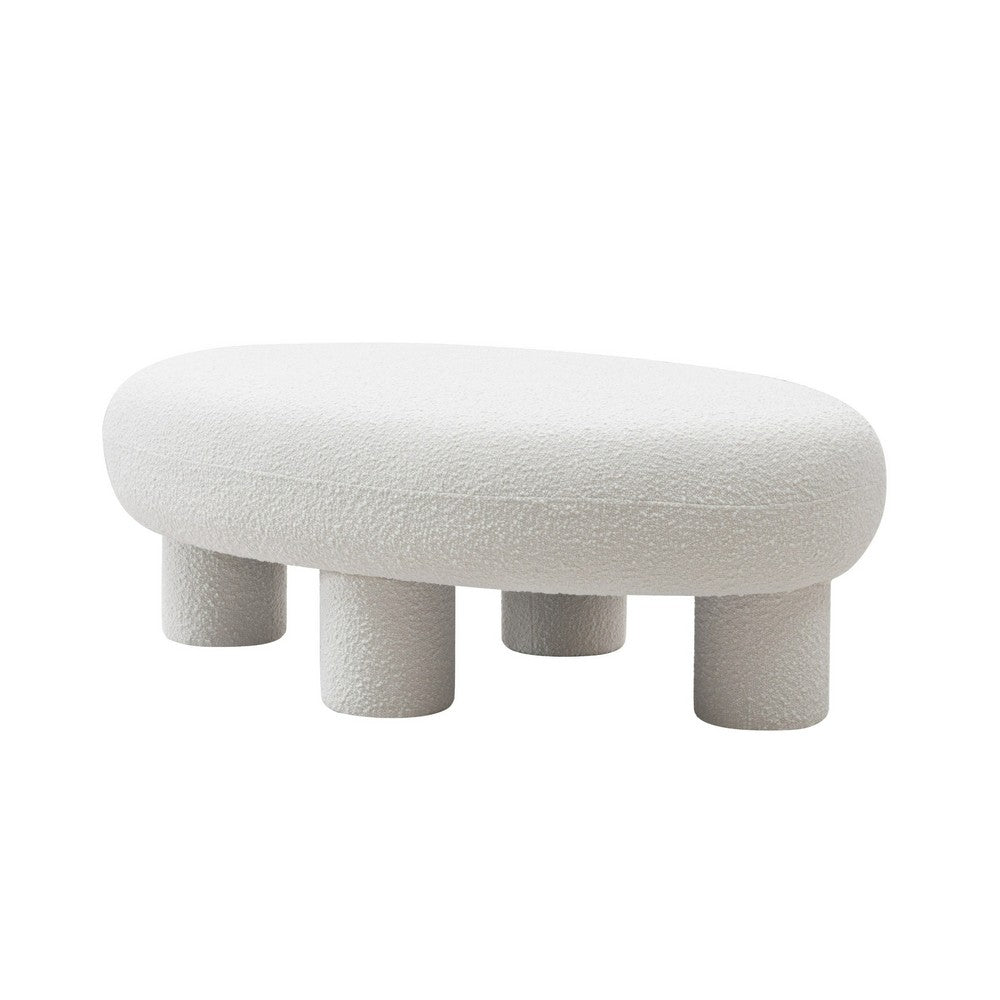 Cid 46 Inch Accent Bench Ottoman, White Polyester Oval Seat, Pine Wood Legs